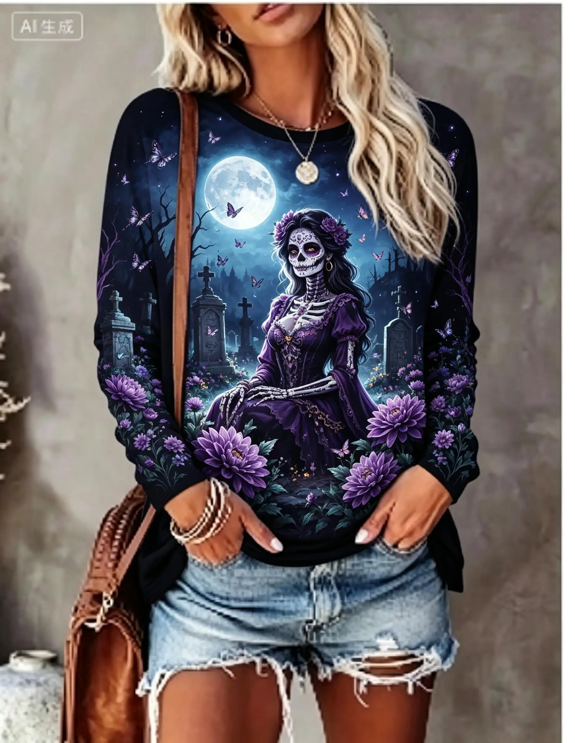 Women Halloween Long Sleeve T‑Shirt Sugar Skull Lady Marigold Candle Day Of The Dead Print Crew Neck Tops
