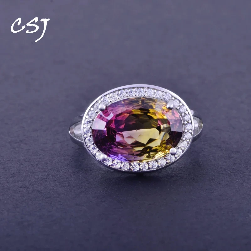 CSJ Elegant Ametrine Rings Sterling 925 Silver Natural Gemstone Bird Nest Cut Women Lady Wedding Engagment Party Gift Box view 6
