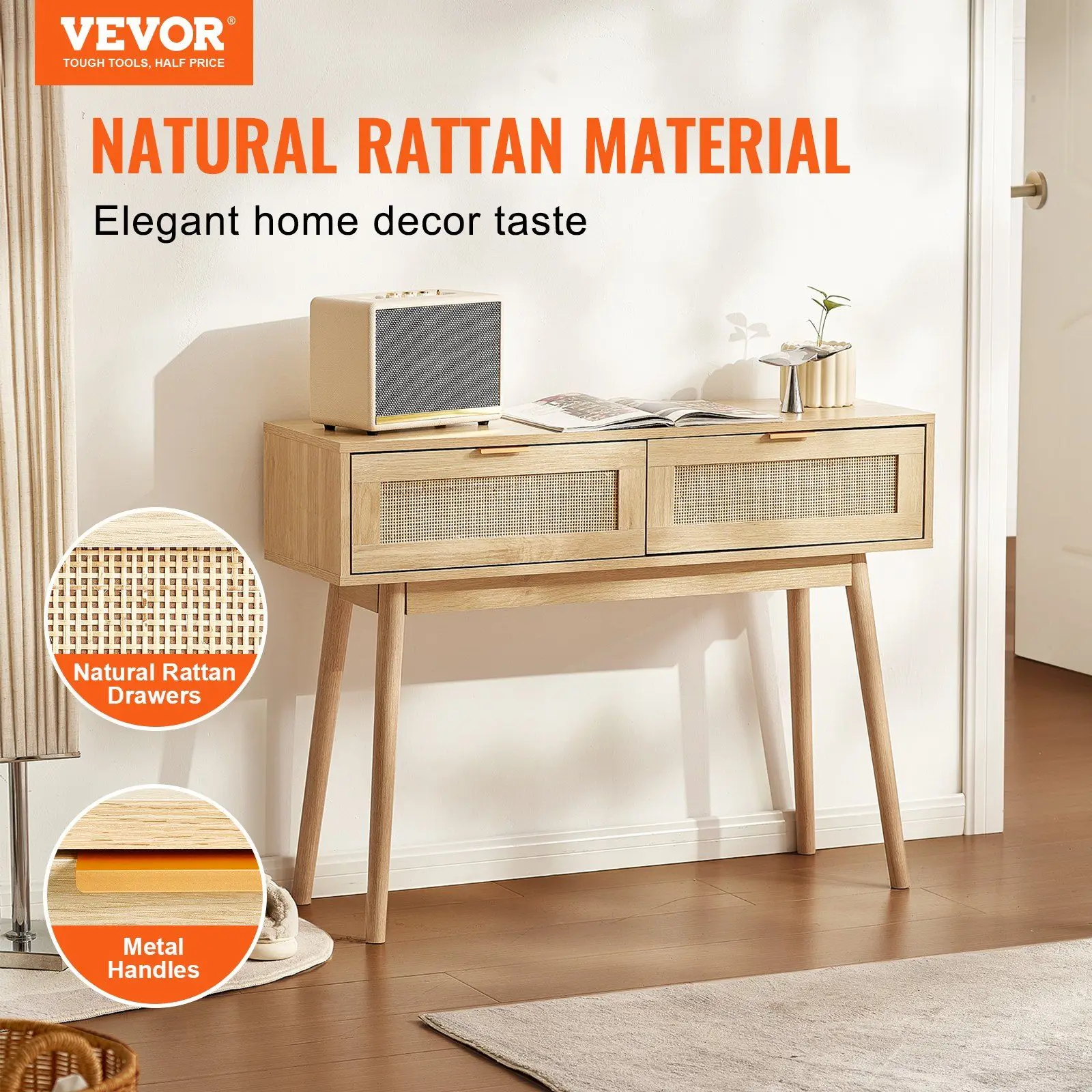 

VEVOR Rattan Console Table with 2 Storage Drawers Rattan Sliding Door Natural