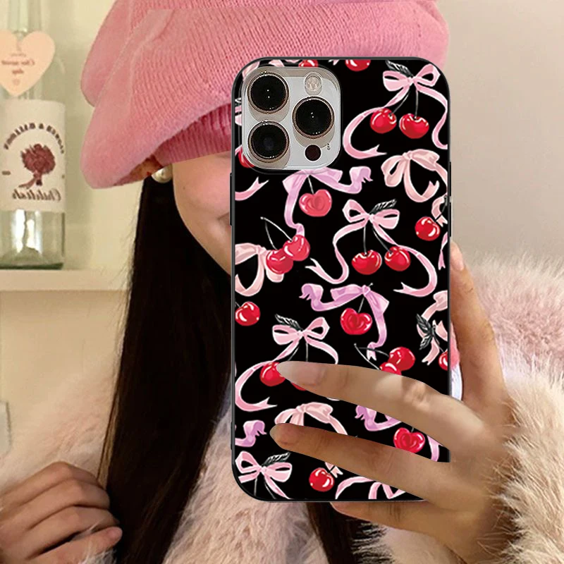 Cute Cherry Bow Phone Case For iPhone 11 14 15 Pro Max 12 13 Pro XS Max XR X SE 2022 SE2020 7 8 Plus Cases Aesthetic Soft Covers