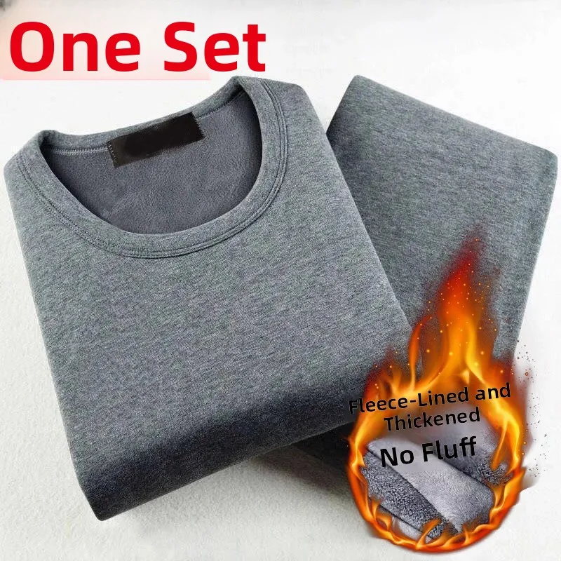 Men's Fleece Lined Slim Fit round Neck Pullover Thermal Underwear Set Casual Comfortable Warmth Two Piece Suit for Autumn Winter