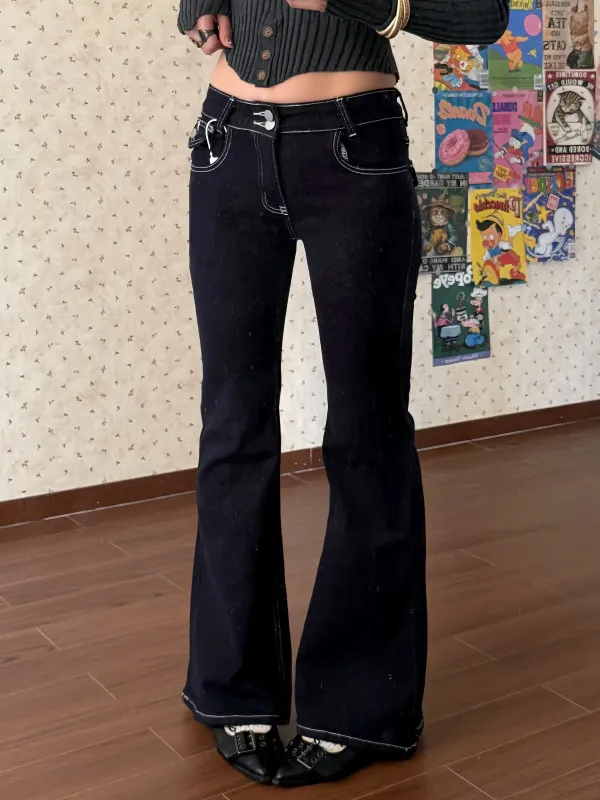 Women Low Rise Double Buckle Waist Flare Jeans Vintage Dark Wash Slim Denim Pants Y2K Streetwear Trousers All Match