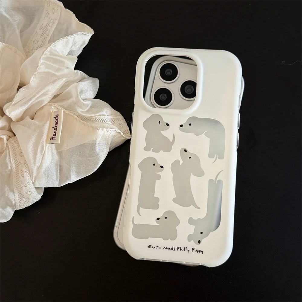 Cute Minimalist Dachshund Dog Line Art Case For iPhone 15 16 17 18ProMax White Matte Shockproof Protective Phone Cover For Lover