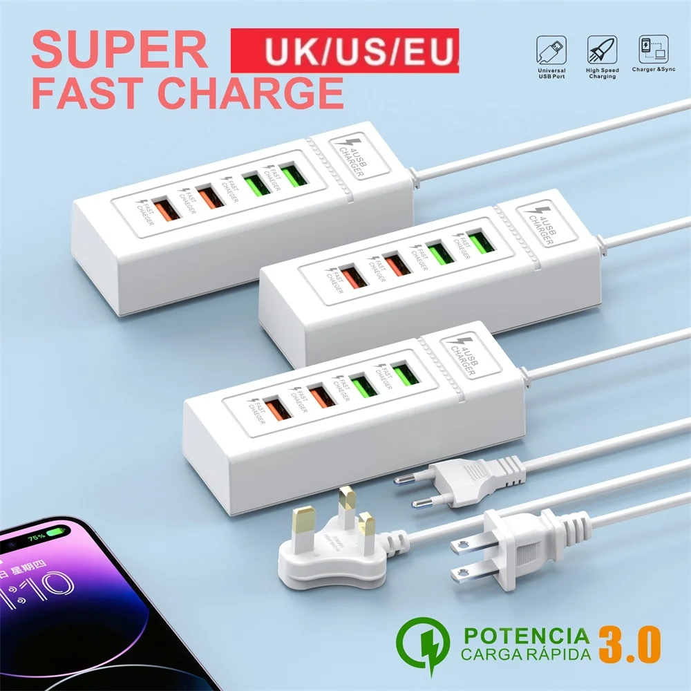 4 Ports USB Charger Power Strip USB C Wall Charger Station Splitter US EU UK Plug Type C Electrical Socket QC3.0 Power Adapter