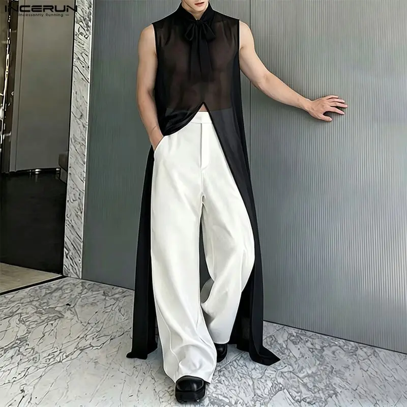 INCERUN Men's Long Style Tank Tops Solid Tie Up Sleeveless Turtleneck Male Vests 2026 Streetwear Split Fashion Men Clothes Tops