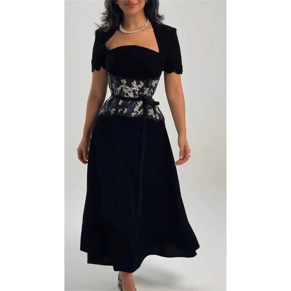 Customized A-line Beading Evening Dresses Square Neck Prom Dresses Short Sleeves Special Events Wedding Gala Evening Party Dress image 2