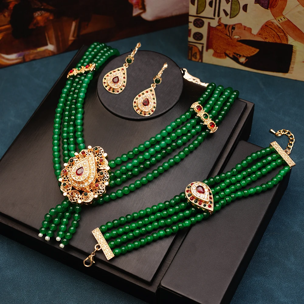 New Handmade Natural Green Stone Beads Necklace Set Morocco Wedding Jewelry Set for Bridal Gold Plated Caftan Jewelry