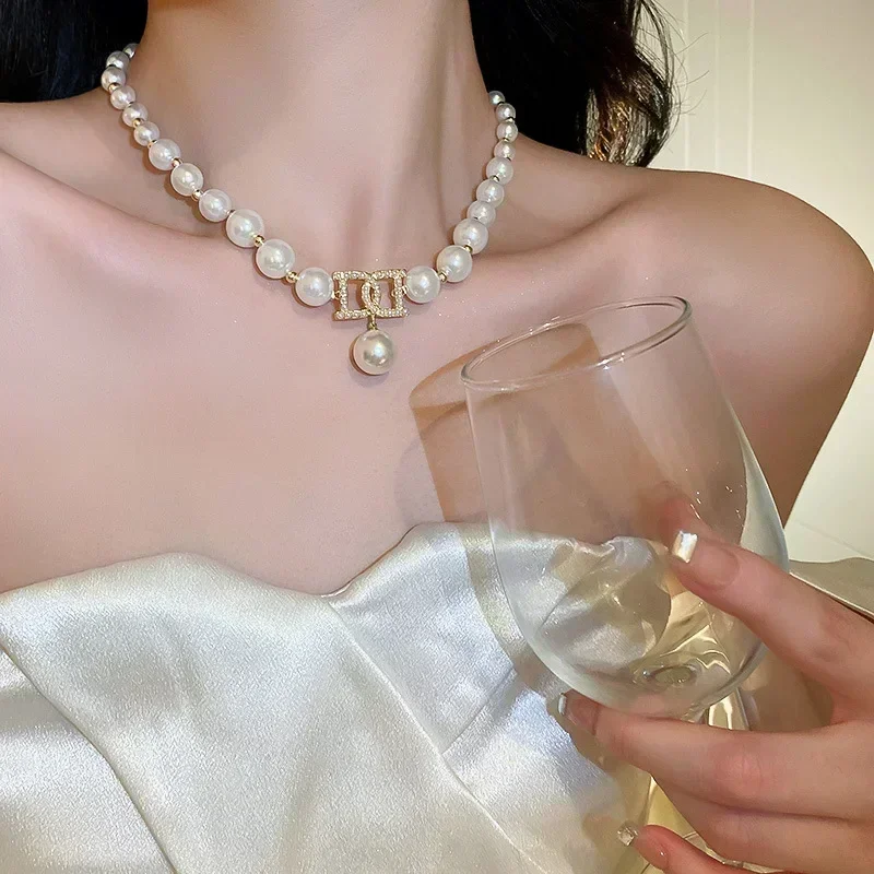 Women Elegant Pearl Clavicle Chain Collares Ladies Short Pendant Necklaces Earrings set Jewelry sets