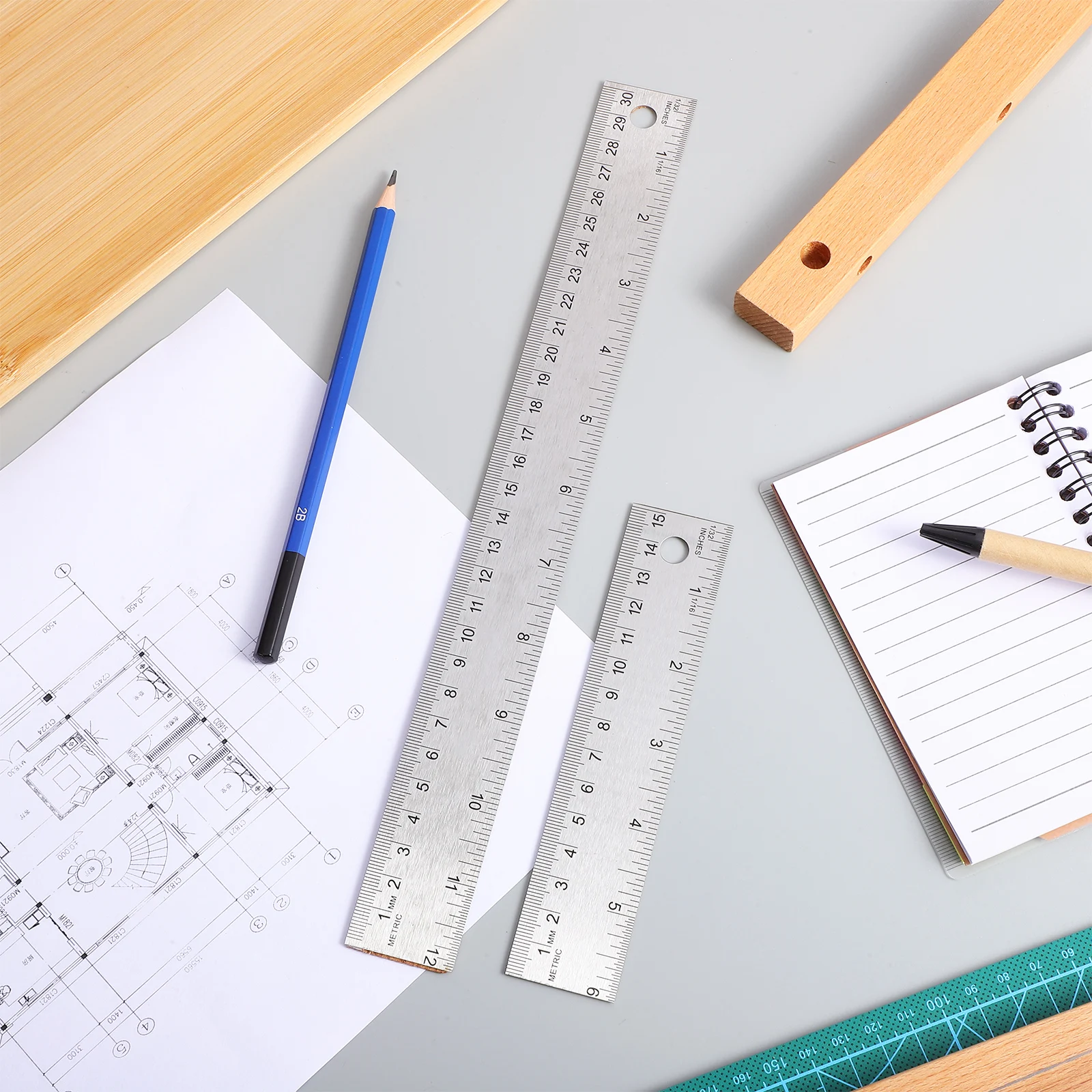 2 Pcs Stainless Steel Rulers Cork Base Dual Measurement Inches Centimeters Classroom Straight Edge Math Tool Work Crafting