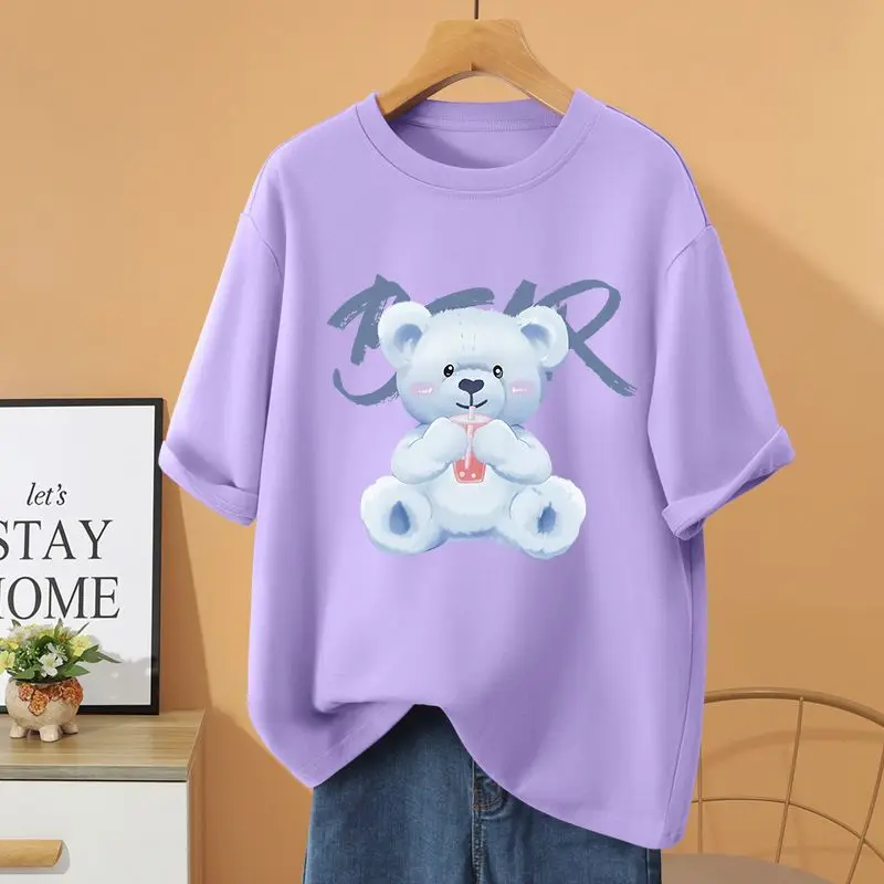 Summer 100% Cotton Loose Casual T-shirt, Women Clothing Cartoon Printed Basic Pullovers, Vintage O-neck Short Sleeve Top Tee