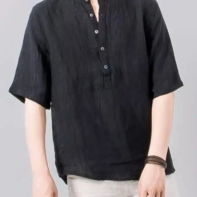 

Мужская летняя свободная китайская льняная одежда в стиле ретро с выцветшими плиссированными льнами и v-образным вырезом, повседневная одежда с кисточками