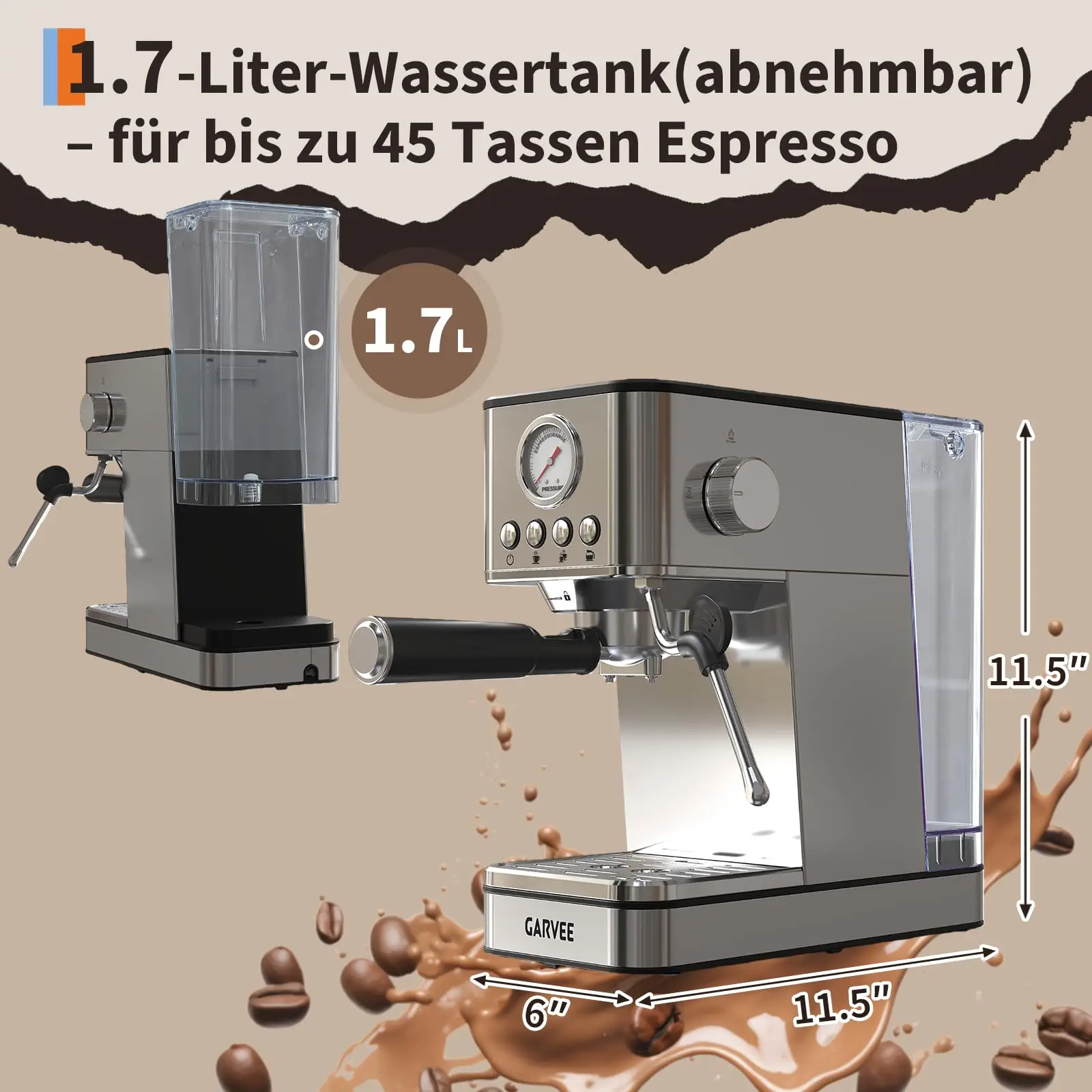 Machine à expresso en acier inoxydable, pression 15/20 bars, cafetière thermobloc 1200W avec grand réservoir d'eau de 1,7 L et buse vapeur, machine à café professionnelle pour la maison et les cafés