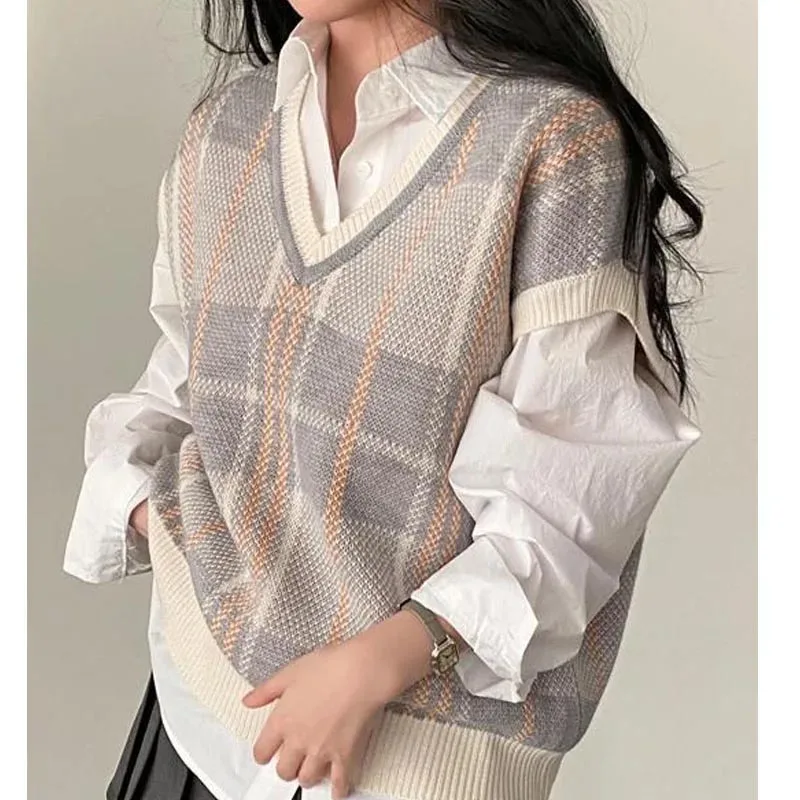 Autumn Sleeveless V Neck Knitted Casual Elegant Women Sweater Vest Korean Pullover Plaid Loose Office Lady Clothing 23875