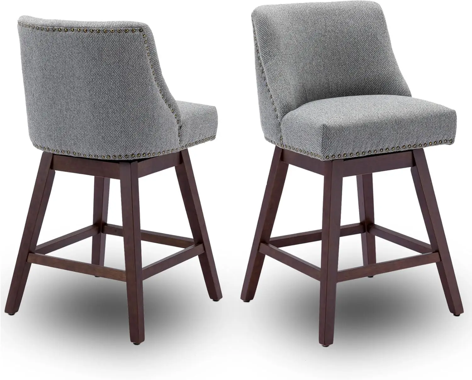 Swivel Bar Stools Set 2, 26 Inch Kitchen Island Chair with Back, Mid-Century Modern Solid Wood, 350lbs Heavy Duty, Grey Linen &
