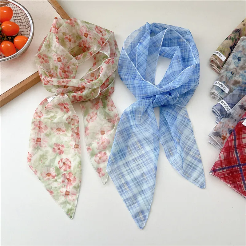 Floral Plaid Ribbon Narrow Long Scarf Elastic Gauze Scarves Neckerchief Neck Wrap Headband Hair Bands Hair Accessories for Women