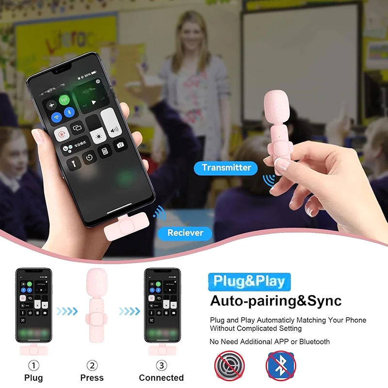 Pink Wireless Lavalier Microphone Portable Audio Video Recording Mini Microphone For Phone Android PC Camera Live Gaming Phone