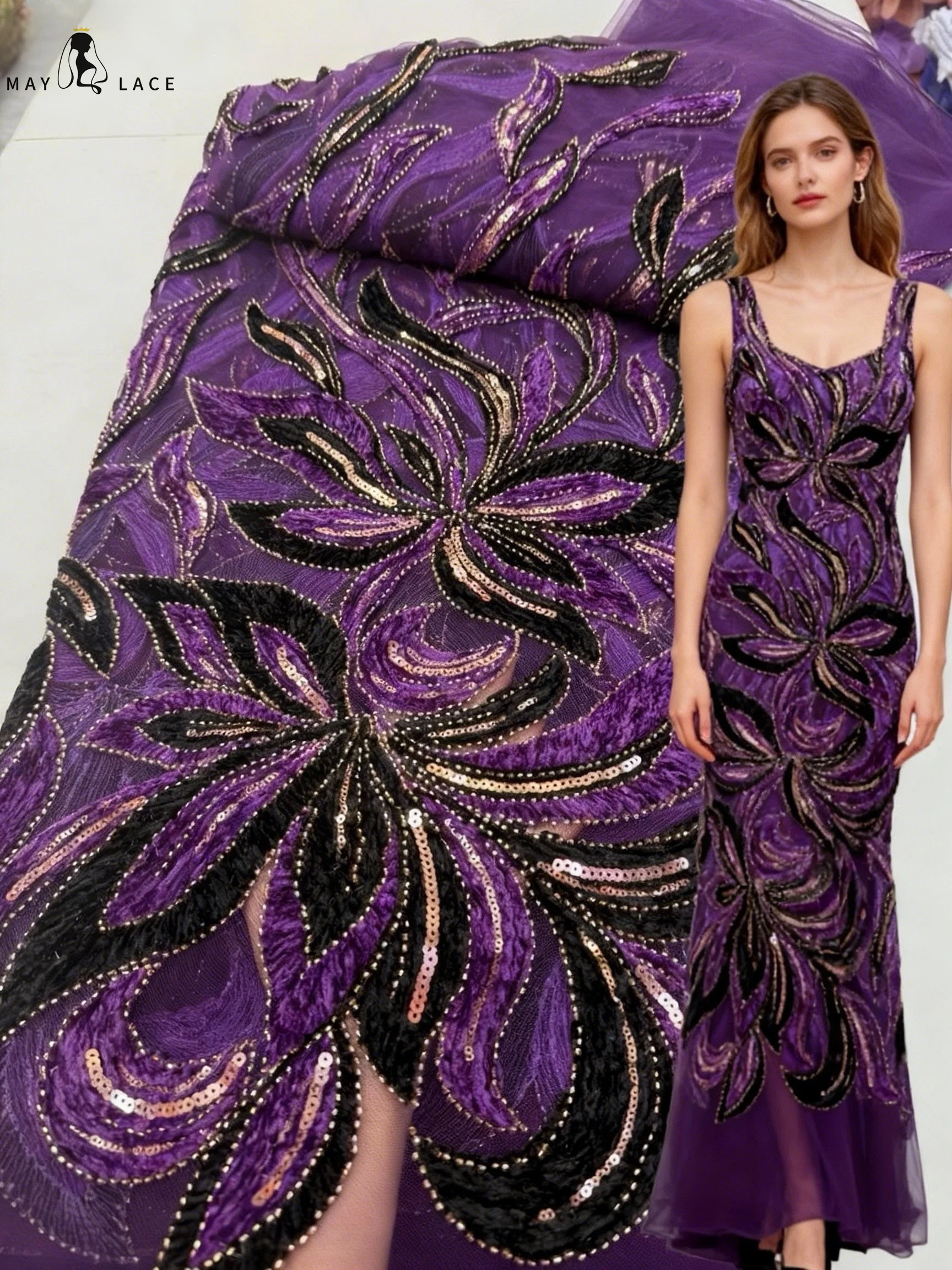 

Purple African Heavy Beads Tulle Lace Fabric 2026 Christmas Nigerian French Sequins Net Lace Fabric For Wedding Party Dresses