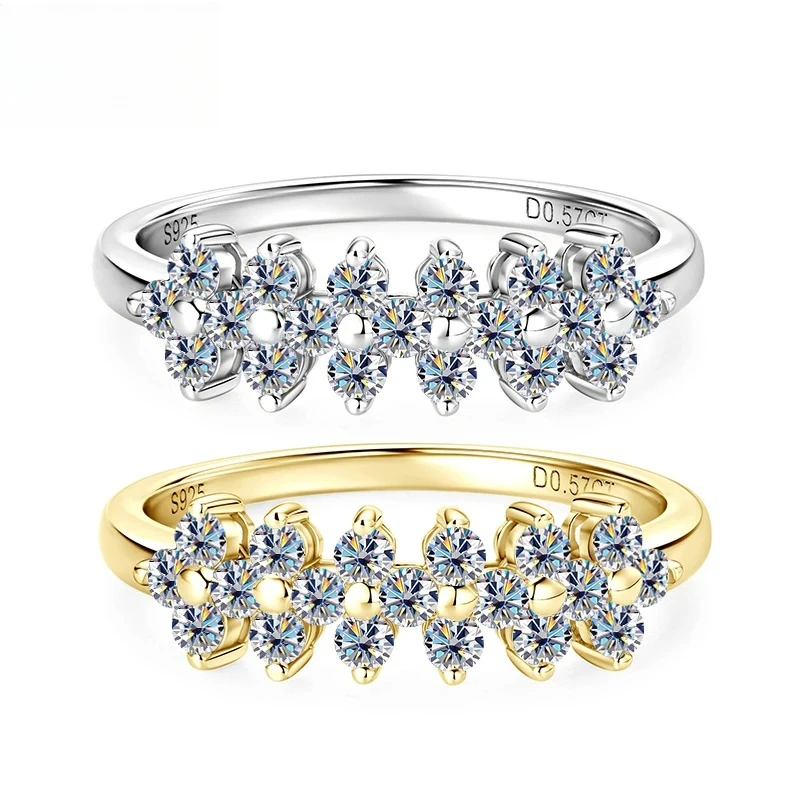 

2MM Round Moissanite Diamond Rings For Women Silver 925 Plated 18K Flower Half Eternity Band Wedding Engagement Finger Jewelry