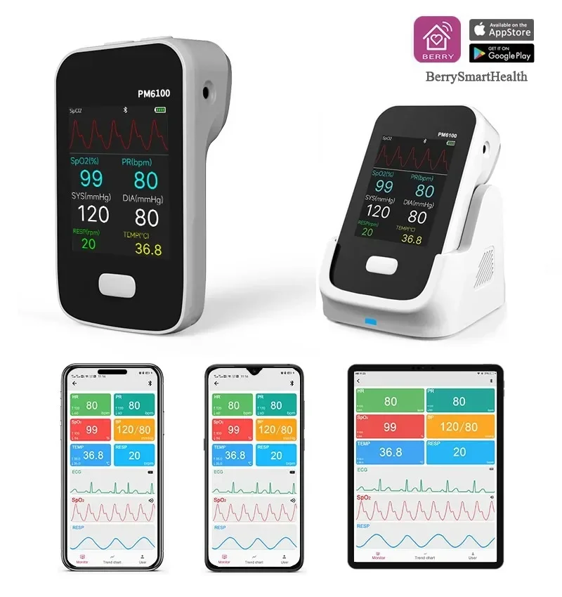 Vital Sign Patient Monitor 6 in 1 Multi Parameter Portable Medical Monitor Bluetooth IOS Android APP Mini Rechargeable