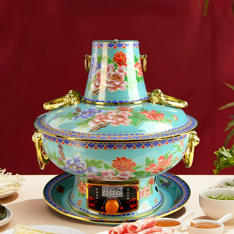 Cloisonne Enamel Colored Plug-in Carbon Dual-purpose Copper Hot Pot,pure Copper Chafing Dish Cookware,old Beijing Fire Boiler