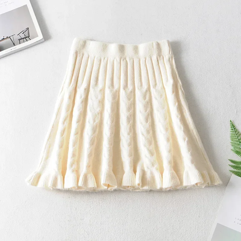 

Knitted Skirt New A-line Fishtail High Waist Flounce Fried Dough Twists Skirt for Girls College Autumn and Winter Solid Color