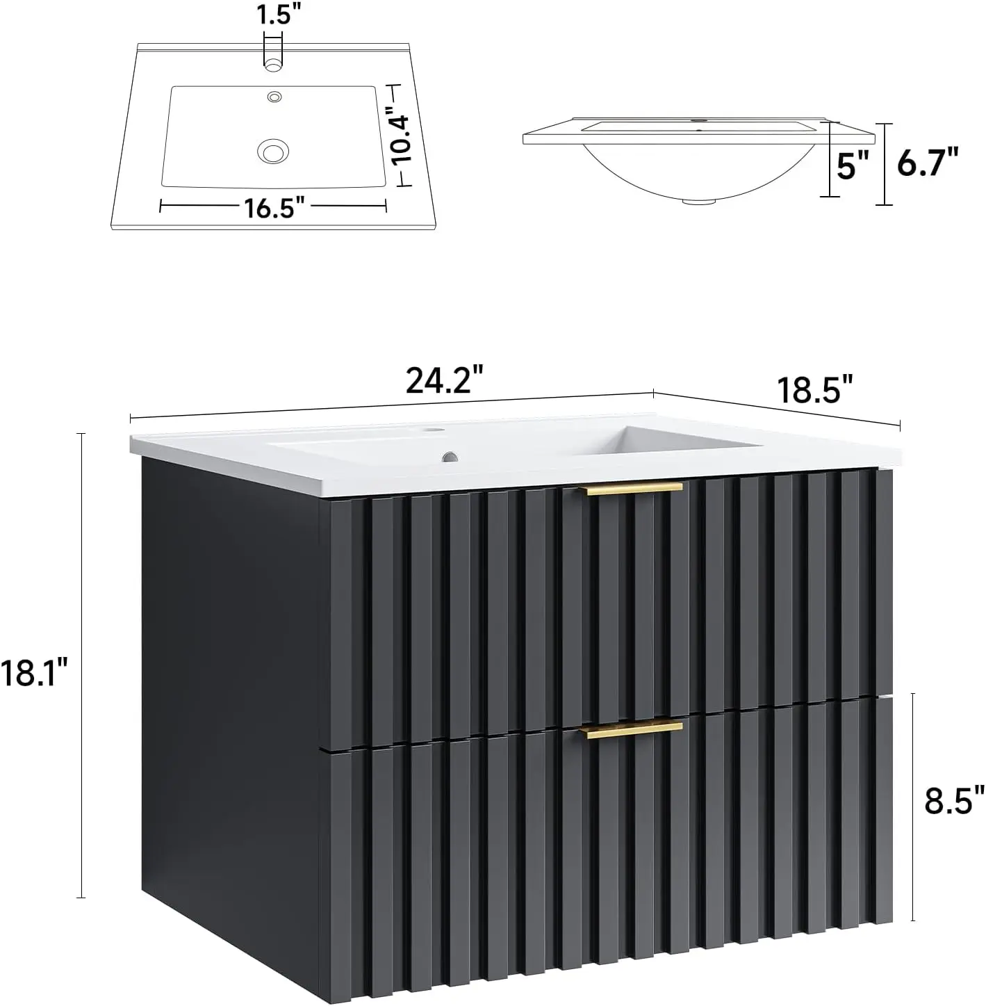 24 Inch Bathroom Vanity with Sink Combo, Floating Bathroom Vanity with 2 Fluted Drawer & Metal Handles, Modern Wall Mount