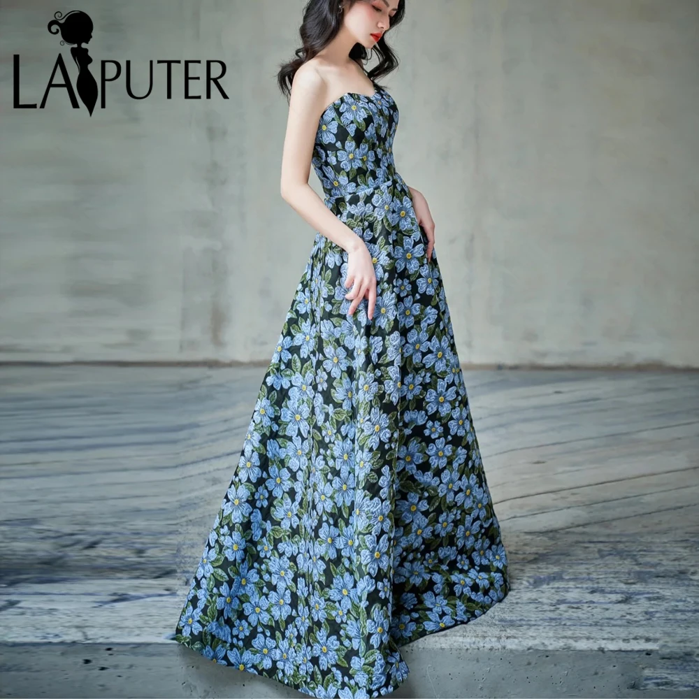 Floral Jacquard Blue Prom Dresses A line Off Shoulder Floral Evening Gowns Blue Flowers Cute Girl Celebrity Dress with Pockets
