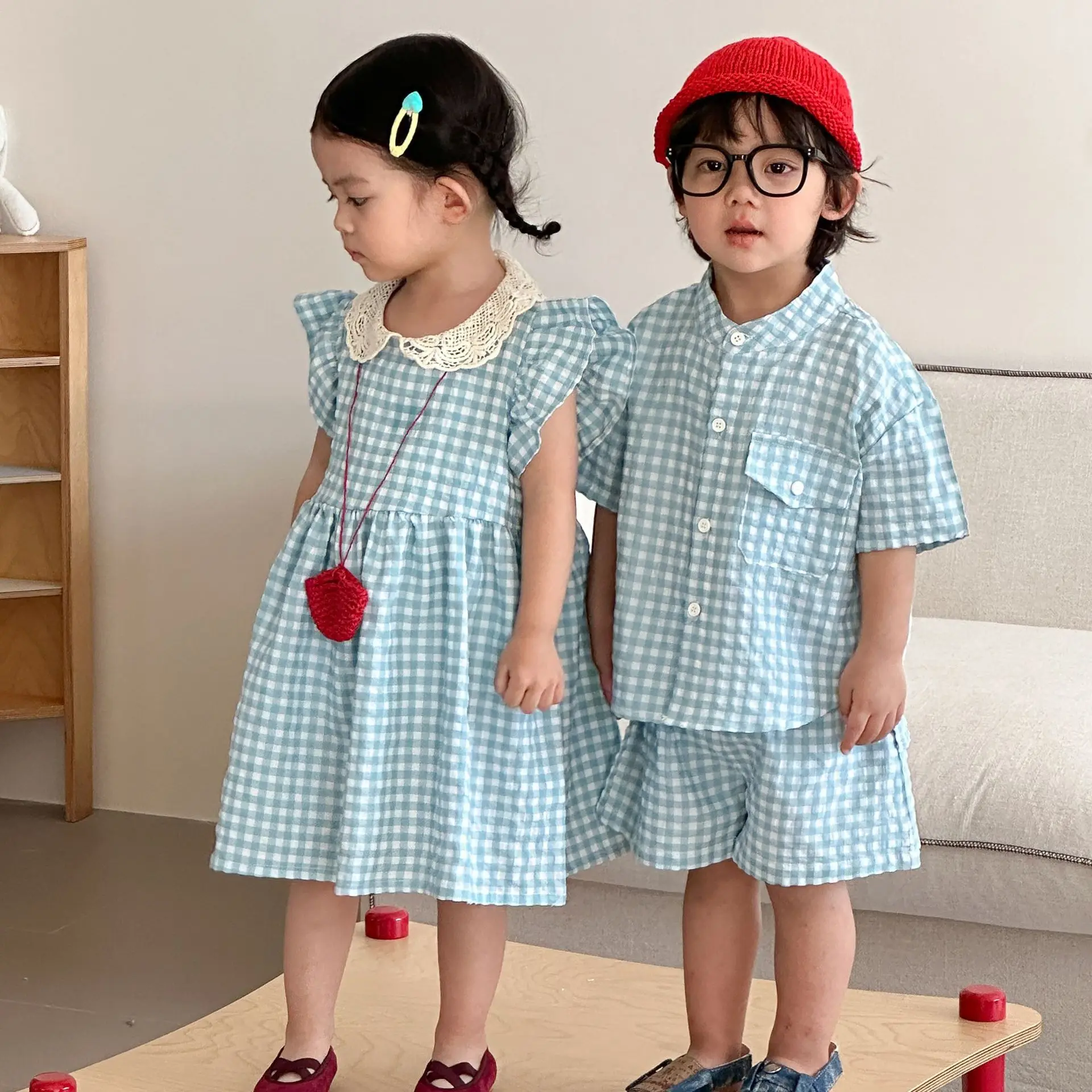 2026 Summer New Children Short Sleeve Clothes Set Boys Plaid Shirts Shorts 2pcs Suit Girls Lace Collar Dress Brother Sister Set 3