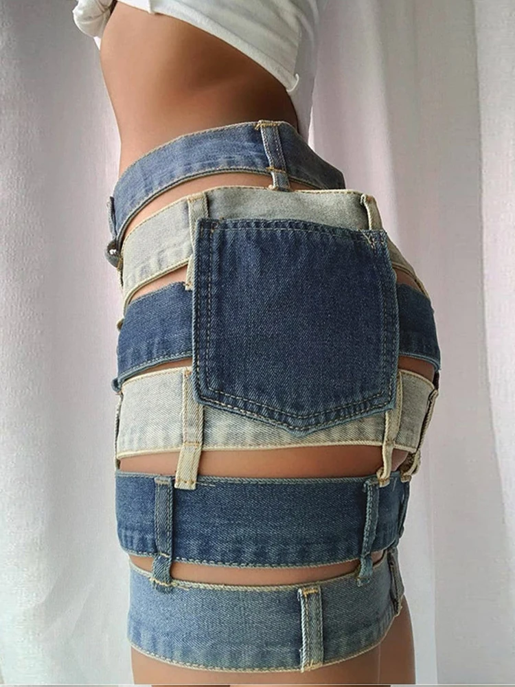 High Quality Summer 2021 New Women\'s Denim Skirt Sexy Cut Out High Wasit Jeans Skirt Female A-line Pencil Skirts for Party Night