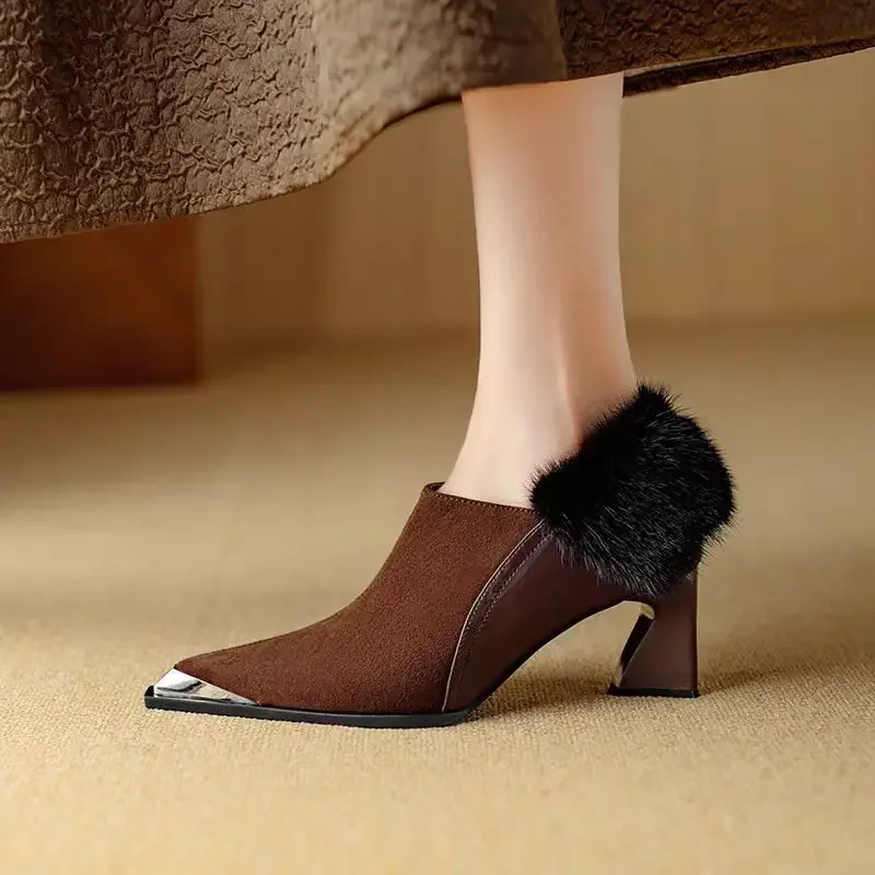 

Elegant Metal Buckle Mary Janes Woman Chic Brand Design Fur Low Heel Dress Shoes Ladies Winter Warm Plush Belt Pump Zapatos New