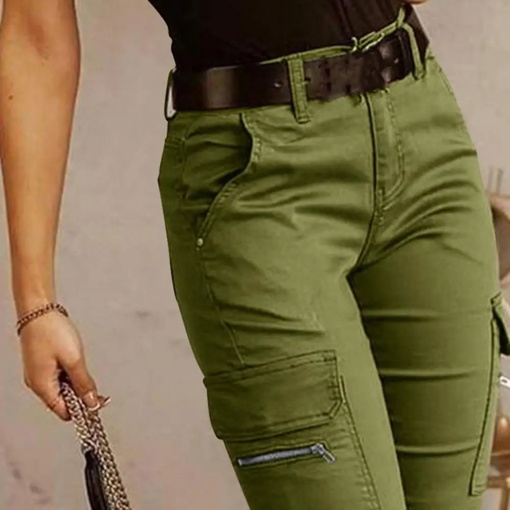 2026 New Woman Work Trousers Spring Autumn Casual Multi-Pocket Tight Foot Trousers Low-waist Button Solid Color Women's Leggings
