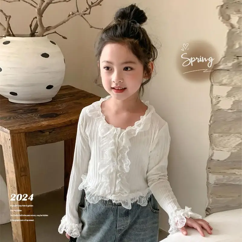 Girls Spring French Lace Small Shirt 2025 New Childrens Treasure Korean Interior Top Spring and Autumn
