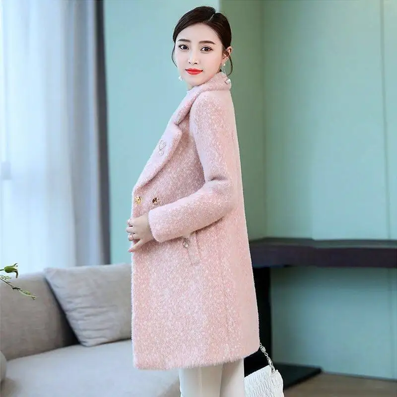 New Faux Leather Coat for Women\'s Autumn and Winter Wear, New Mid Length Woolen Coat, Faux Mink Velvet, Golden Mink Fur Coat