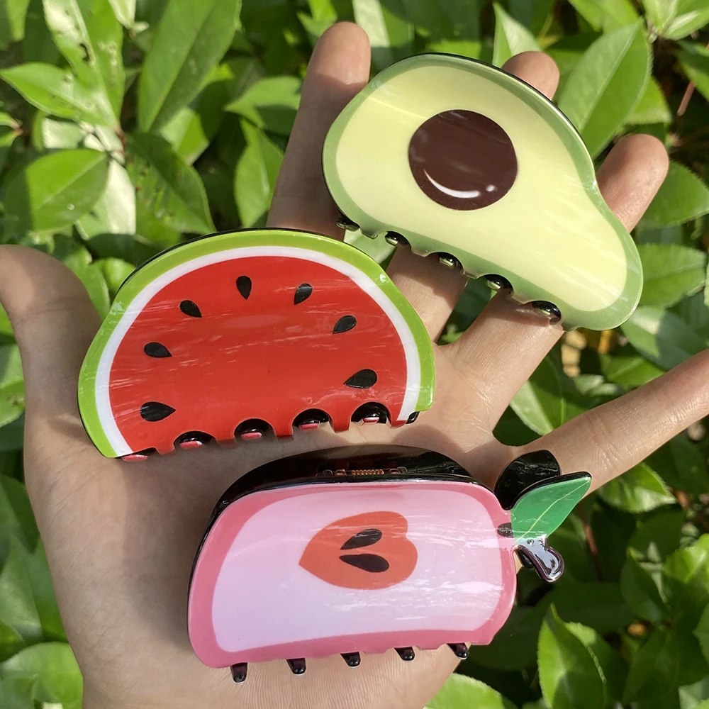 AENSOA Cute Fruit Acrylic Hair Claw Clips for Women Avocado Watermelon Peach Cartoon Shark Hair Clamp Hair Accessories Gift