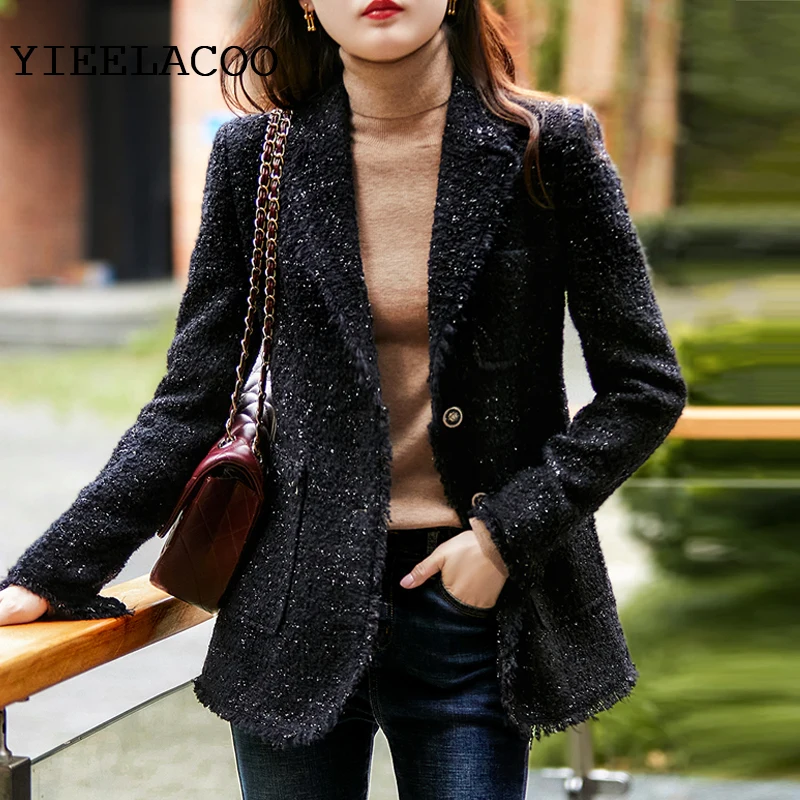 Black tweed suit coat shining bright silk temperament little sweet coat during the spring and autumn coat