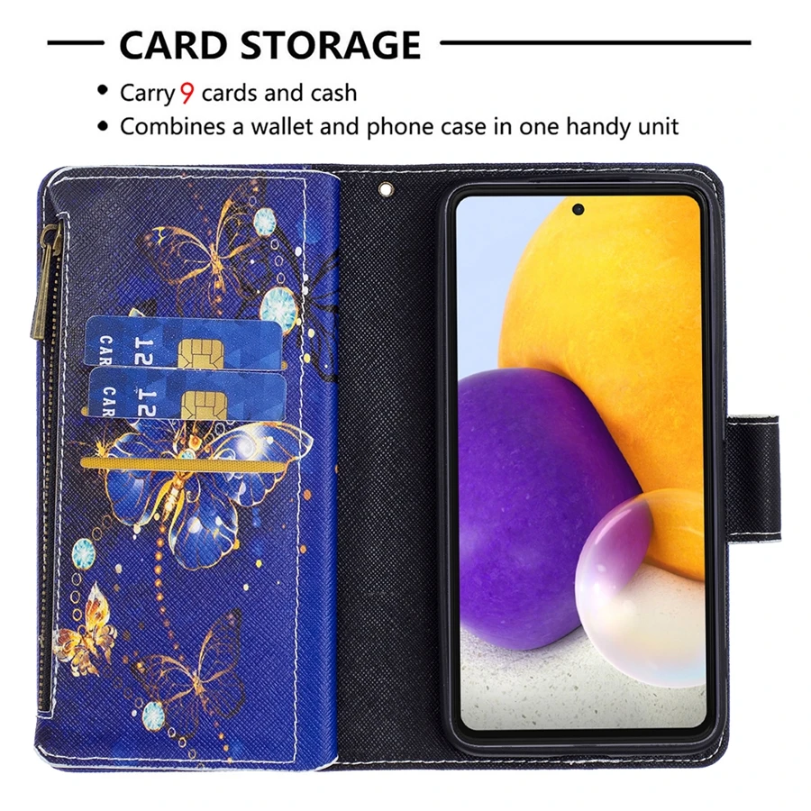 Painted PU Leather Zipper Wallet Case For Samsung Galaxy S23 Ultra S22 S21 Plus S20 FE A13 A33 A34 A51 A52 A53 A54 A71 A72 A73