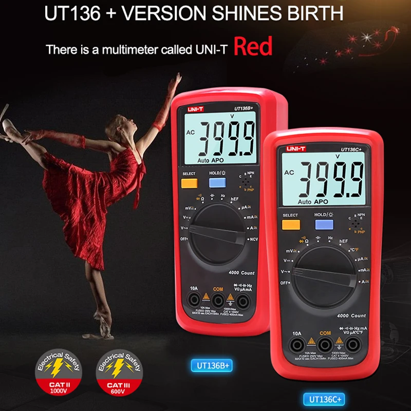 UNI-T Digitale Multimeters UT136B+ UT136C+ DC AC Stroom Spanningsmeter 4000 Count Display Multi Tester Transistor Tester