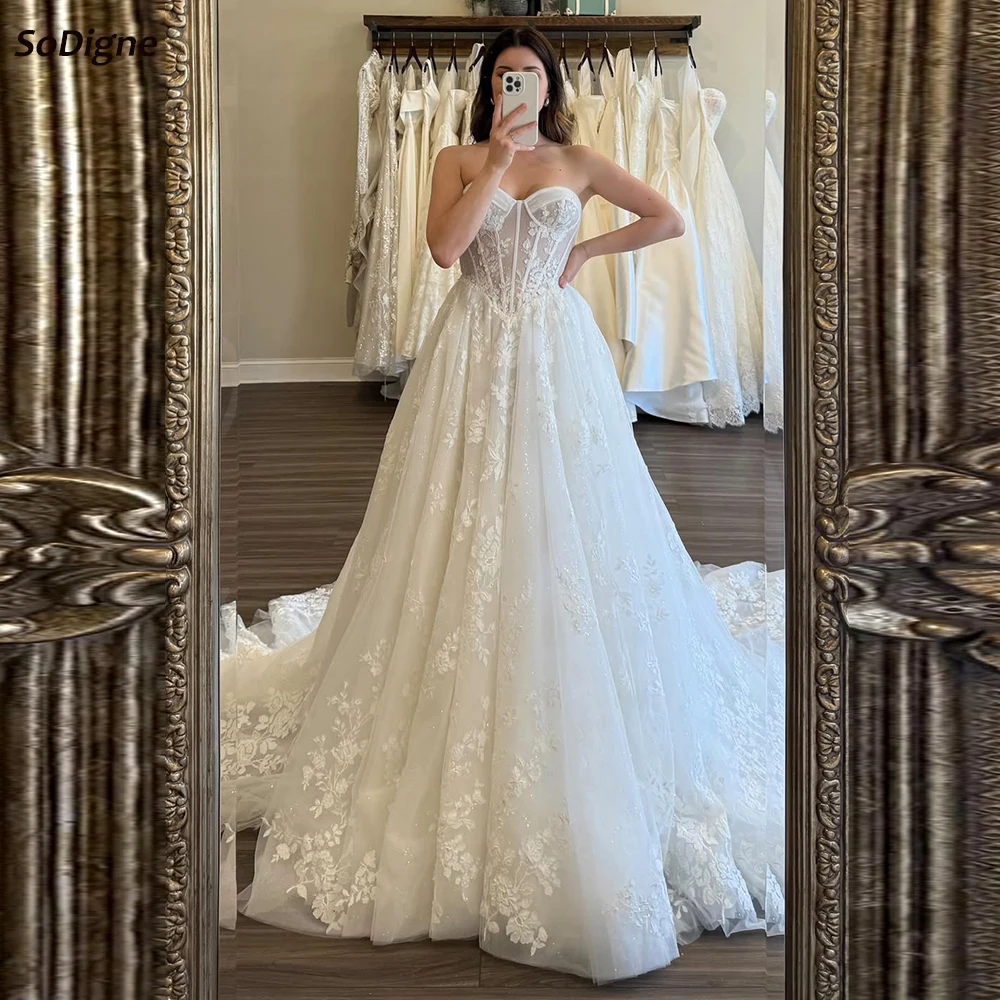 

SoDigne A-line Glitter Tulle Appliques Bride Dresses Sleeveless Sweetheart Wedding Dress Boho Long Bridal Gowns Customized
