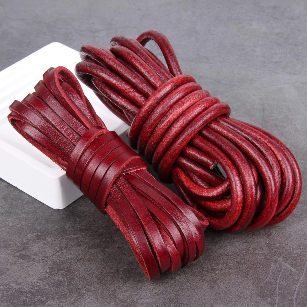1/2/3/4/5/6/8mm 2meter Red Retro Coffee Cow Leather Strap Findings Flat/Round Leather Cord String Rope DIY  Bracelet Making