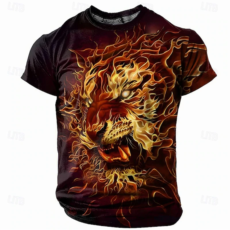 

3D Flame Tiger Printed Men's T-shirt Fashion Comfortable Breathable Men Clothing Summer Crew Neck Short Sleev Top Loose Fit Tees