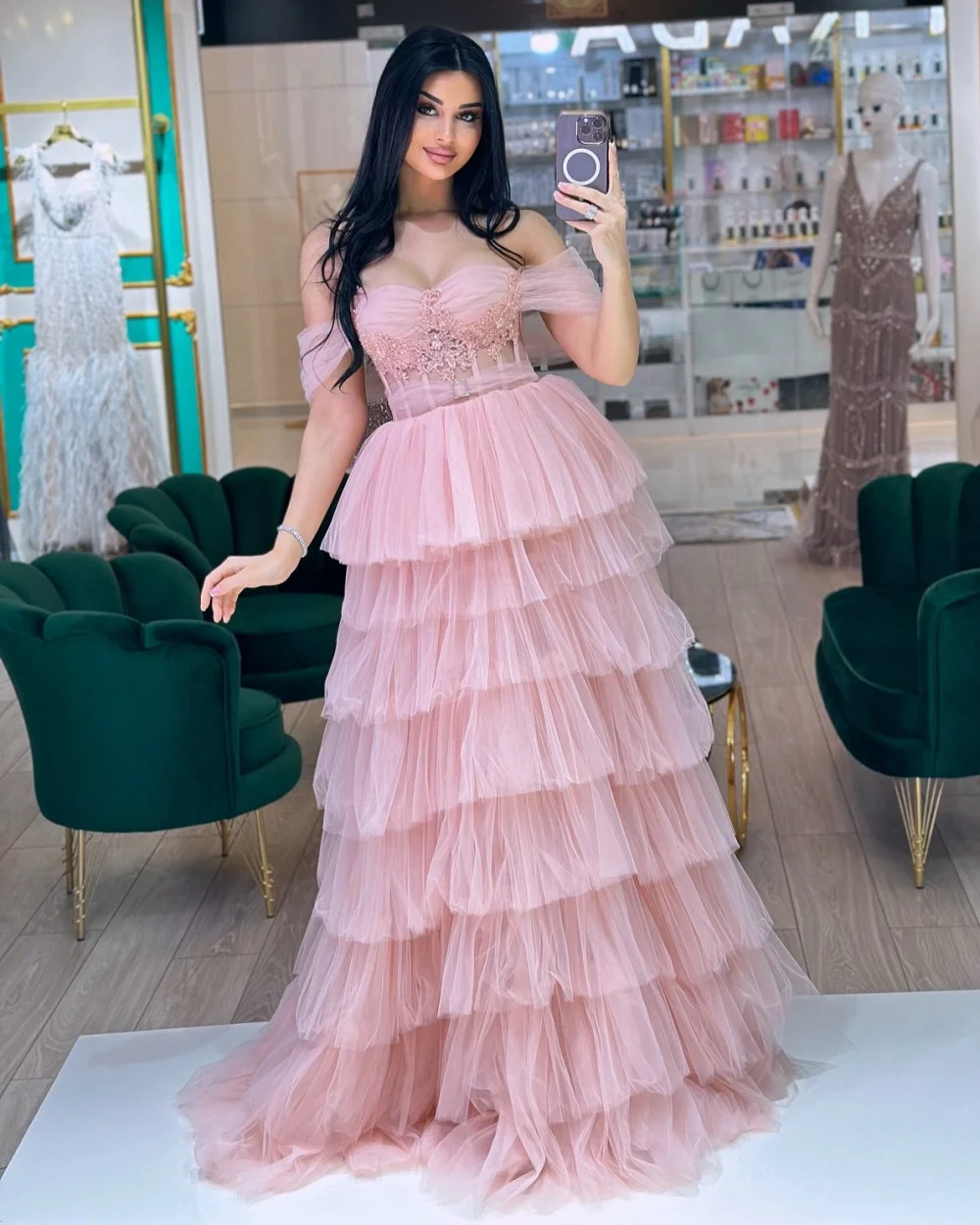 

Customized Fashion Classic Tulle Rhinestone Tiered Applique A-line Off-the-shoulder Long Dresses Bespoke Occasion Dresses Retro