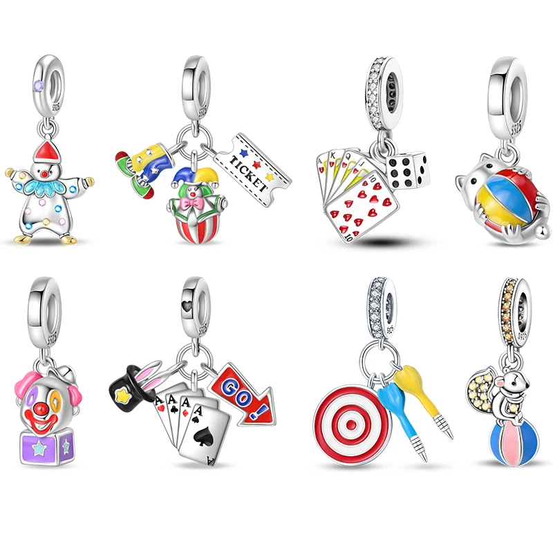 S925 Sterling Silver Card Magician Circus Red Nose Children's Charms Beads Fit Pan 925 Original Bracelets DIY Jewelry Gifts