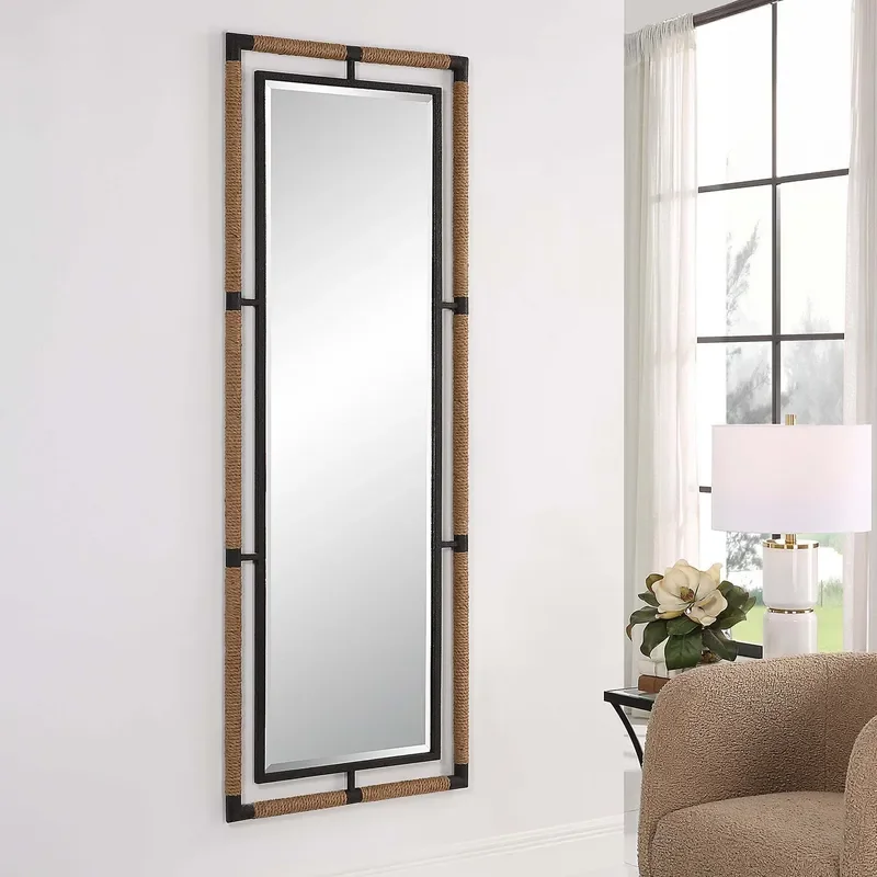 Industrial Hemp Rope Full Body Mirror Retro Black Wrought Iron Frame Floor Standing Loft Style Full Length Mirror for Home
