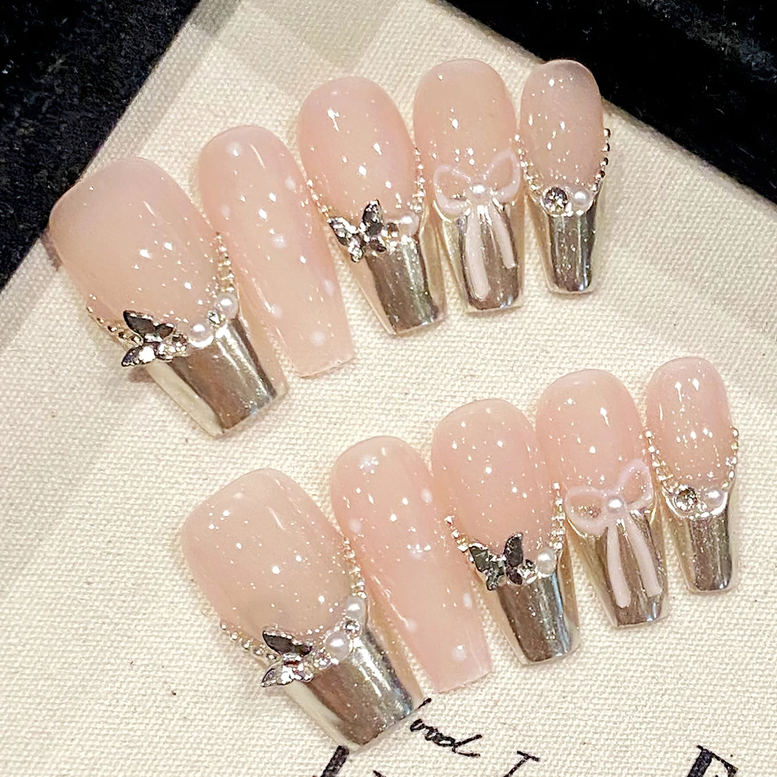 

Handmade Press On Nails Silver French Tip Coffin False Nails With Metal Butterfly Decor Long Ballet Nude Fake Nails Y2k Wearable