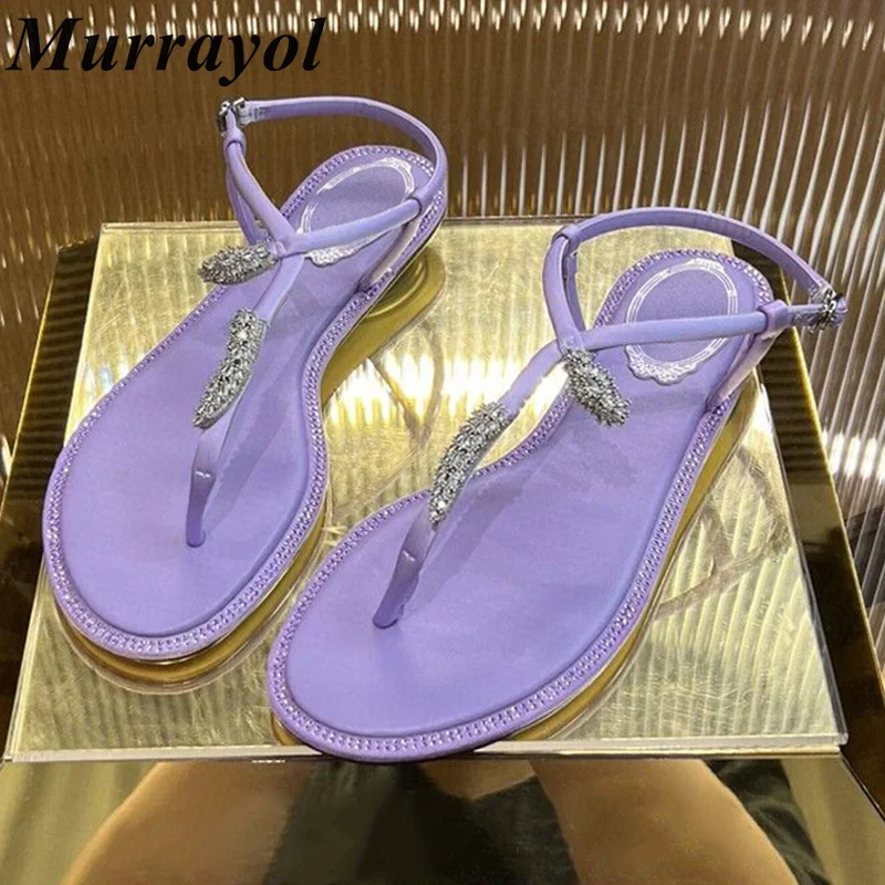 New Satin Finish Solid Color Flat Slippers Women's One Strap Rhinestone Metal Decor Sandalias Summer Flip Flops Vacation Shoes