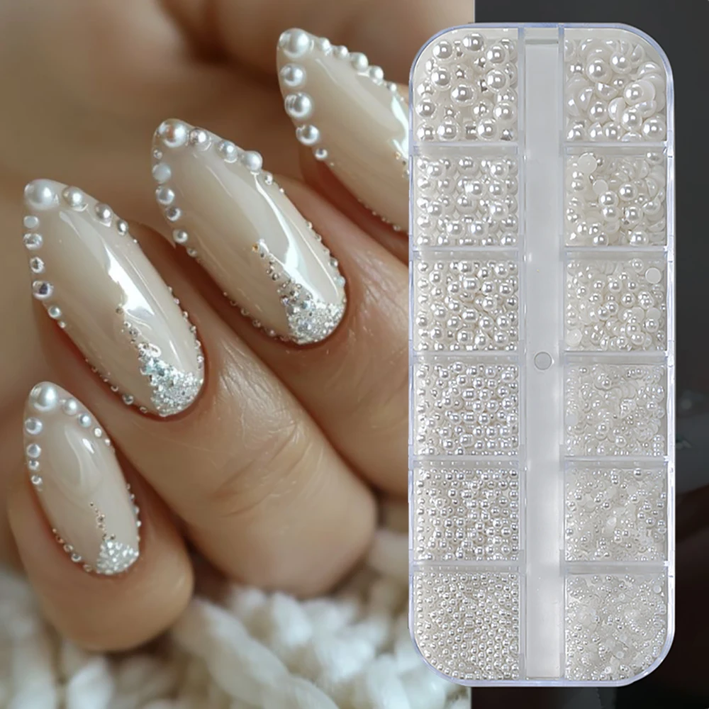 

Round White Pearls Nail Beads Nail Charms 12 grids Caviar Beads Nail Jewels Half Round Pearl Gems DIY Nail Art Deco