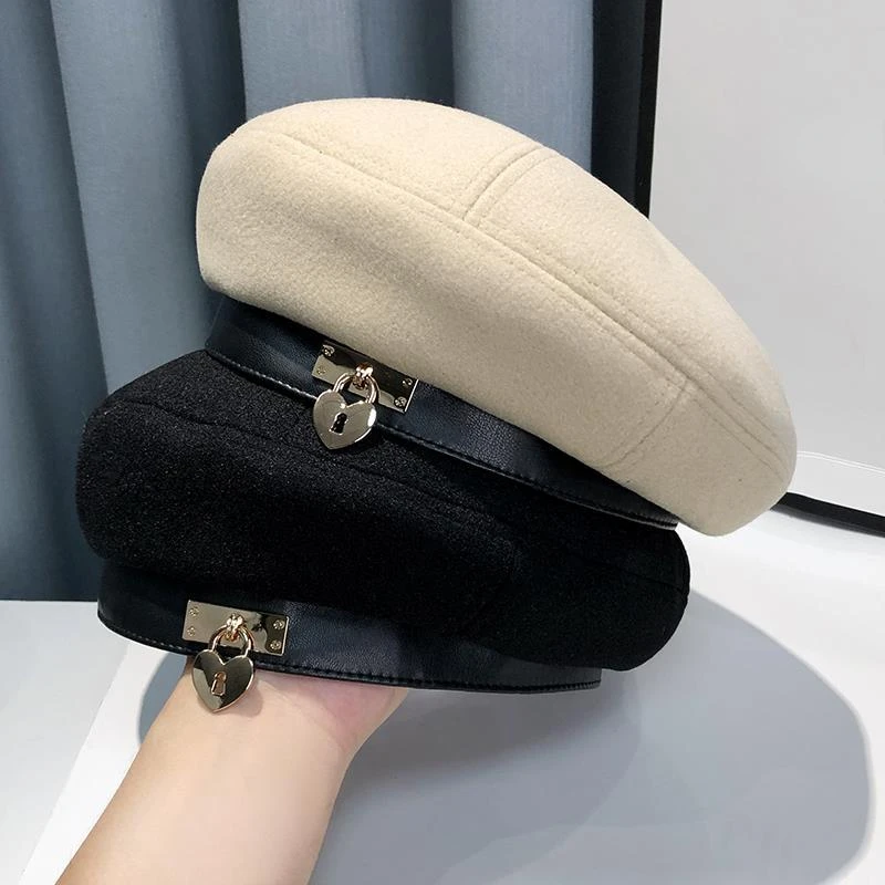 Fashion metal heart button beret women autumn winter wool bud hat British vintage Japanese niche design painter hat