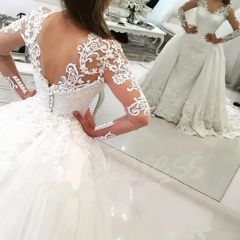 Customized New V Neck Ball Gown Two In One Plus Size Detachable Skirt Lace Bridal Gown Long Sleeve Muslim Arab Wedding Dresses