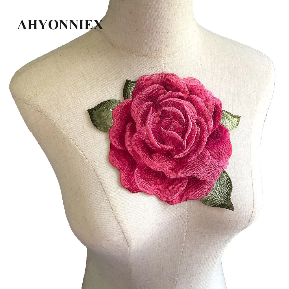 1 Piece AHYONNIEX Round Peony Flower Sew On Sticker for Clothing High Quality Embroidery Floral Patches For Costume Clothes