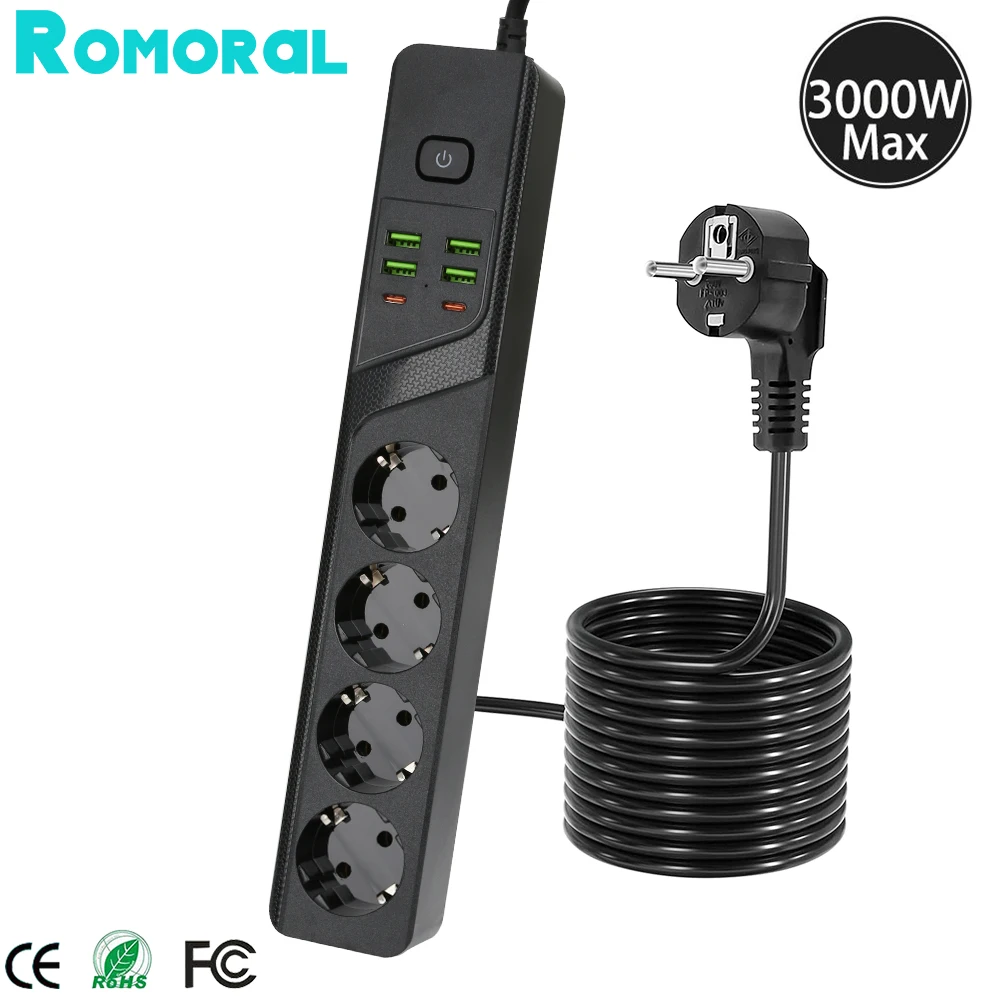 Standard Grounded Power Strip 4 EU Plugs Sockets 4 USB 2 Type C Ports Overload Protection With Extension Cable for Home Office